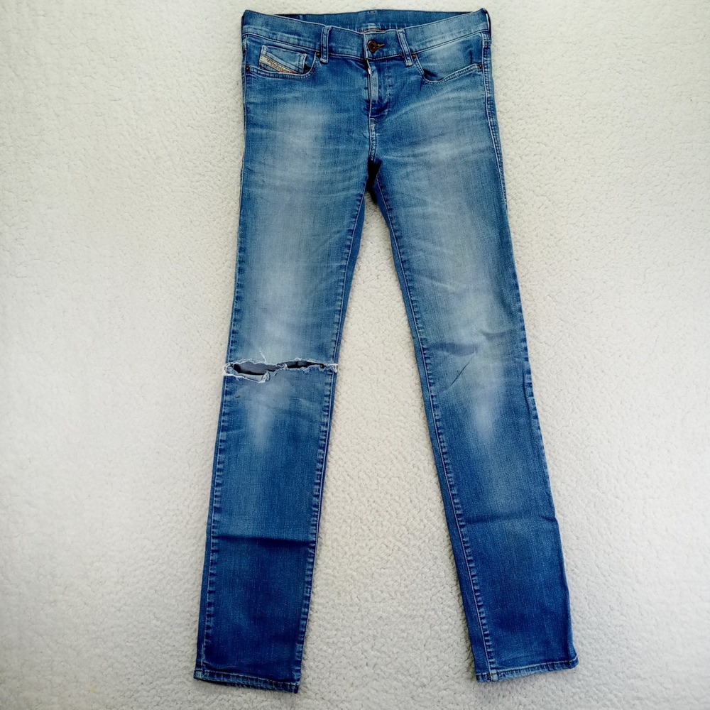Diesel Straitzee Low Rise Skinny Distressed‎ Jeans Blue Size 28 Medium Wash